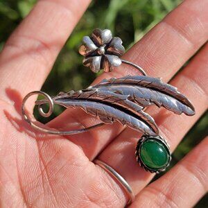 Vintage Art Noveau sterling silver 925 flower, leaf, stem, an green jade brooch